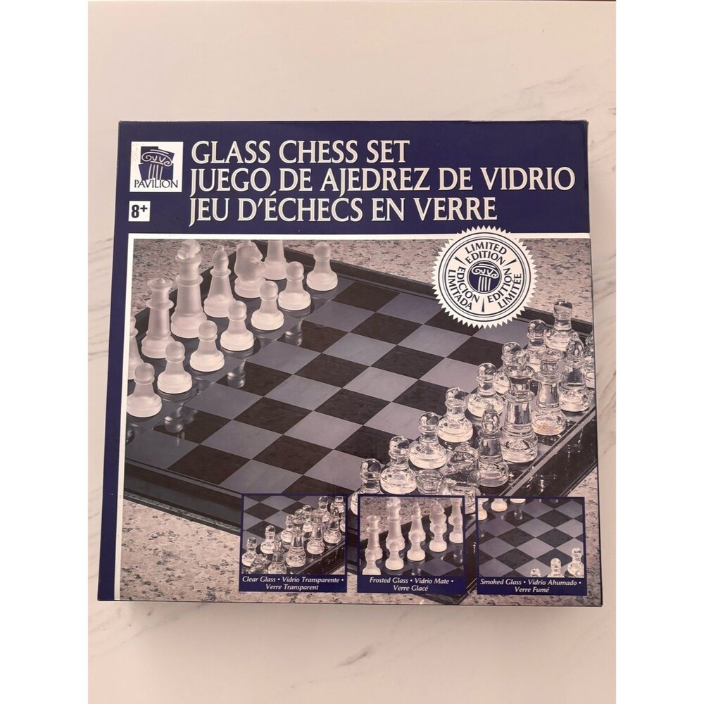 Vintage 90’s Glass Chess Set Clear & Frosted Pieces With Smoked Glass Board